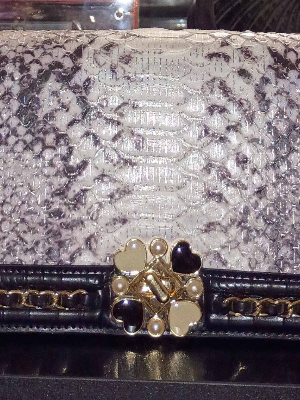 Elegant Black & White Snake-Texture Crossbody Bag with Heart Accent